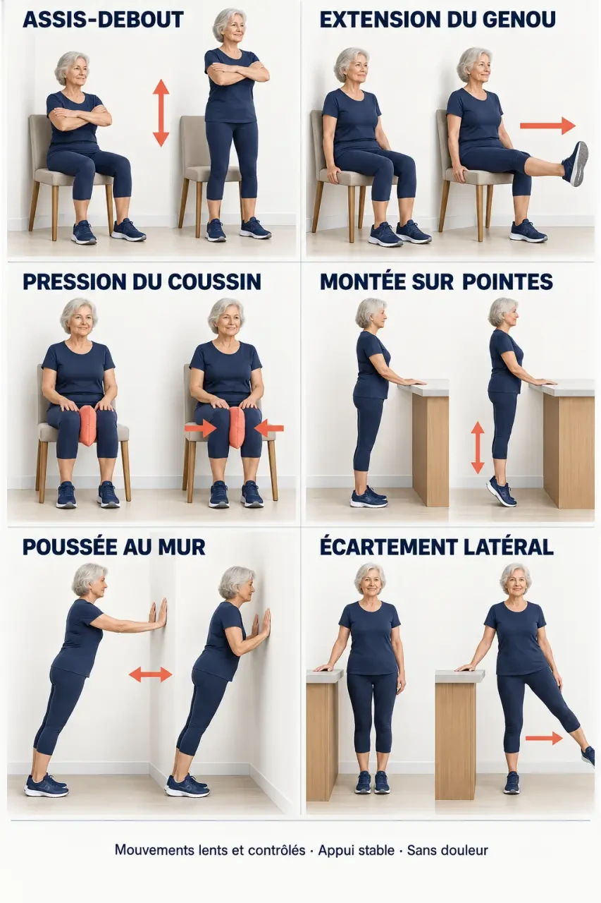 Exercices renforcement musculaire personnes âgées PDF : six mouvements illustrés à domicile avec chaise et appui stable