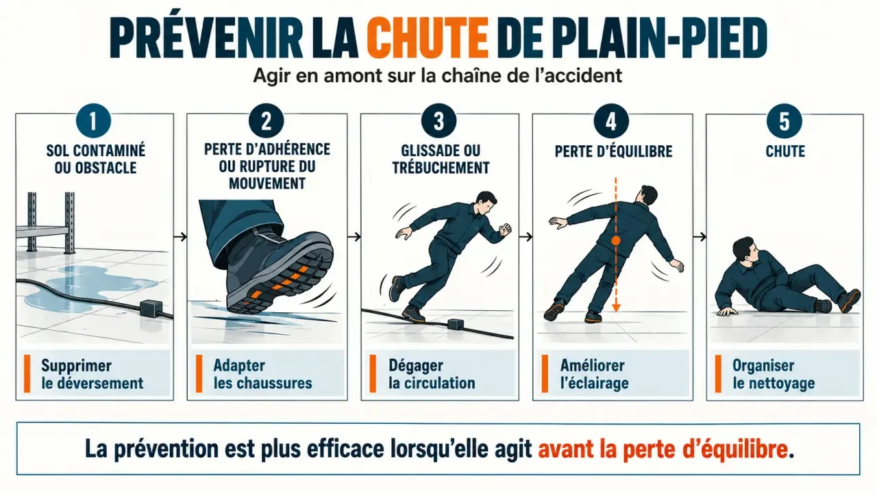 Schéma de prévention d’une chute de plain pieds, de la perte d’adhérence aux mesures correctives