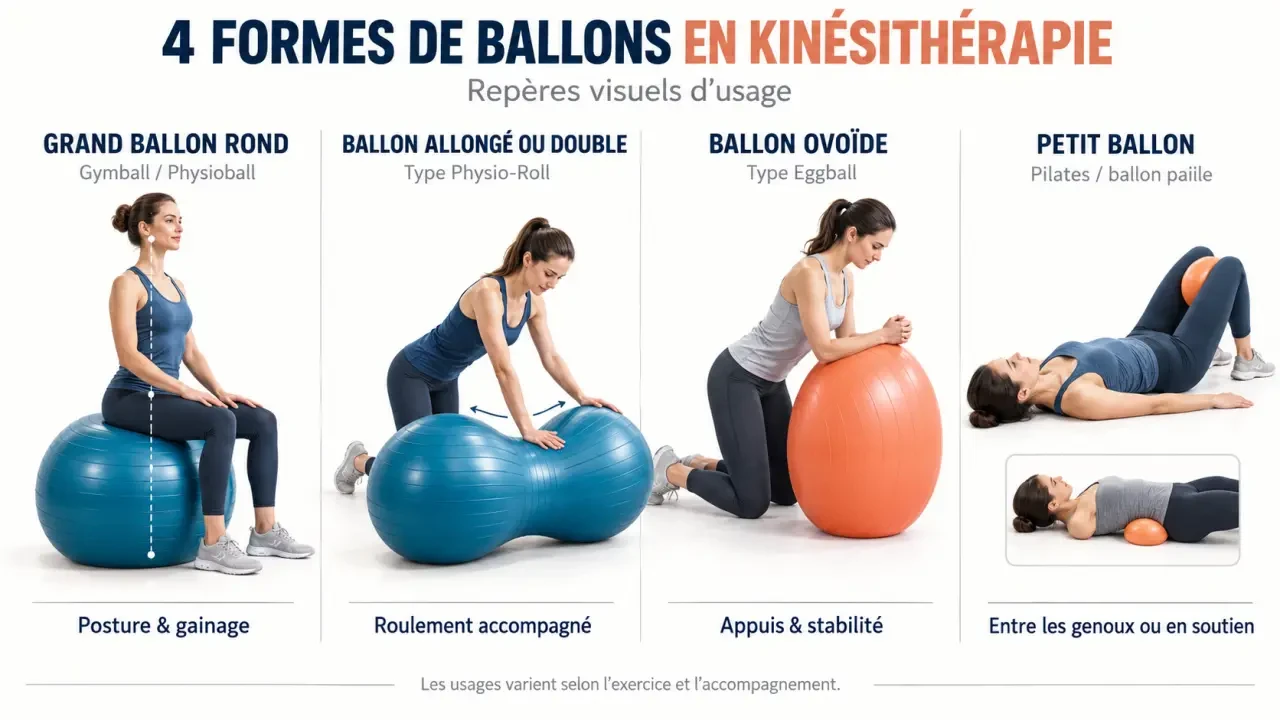 Ballon de kinesitherapie : comparaison des formes gymball, Physio-Roll, Eggball et petit ballon de Pilates