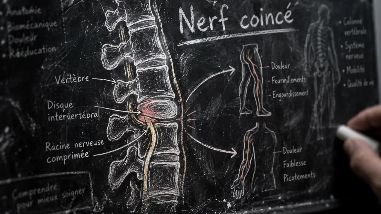 Nerf dos coincé : colonne et racine nerveuse comprimée