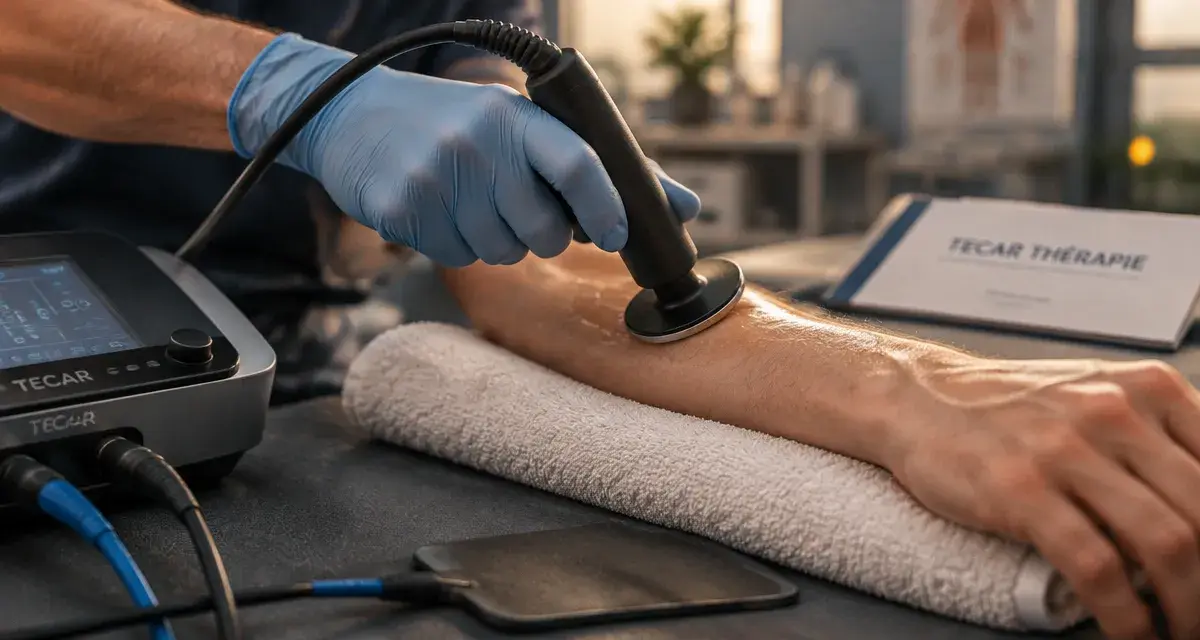 thecartherapie : poste de diathermie tecarthérapie sur avant-bras pour soulager la douleur